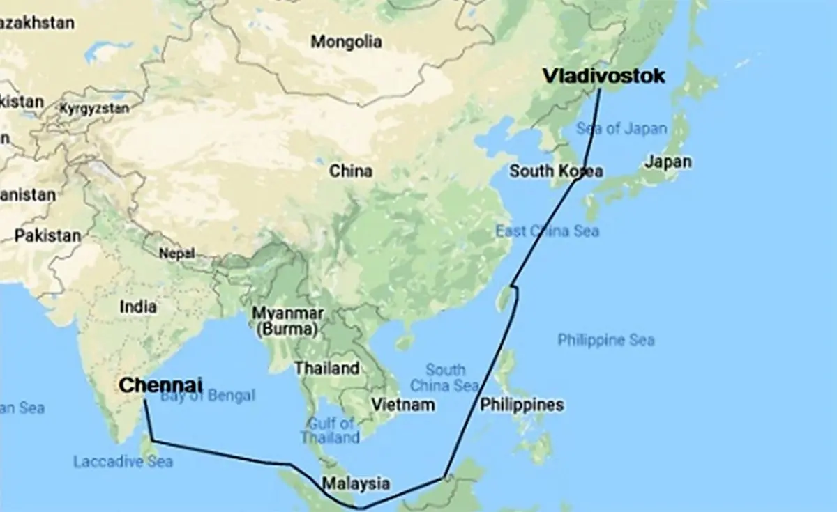 Map showing Eastern Maritime Corridor route vs Suez Canal distance