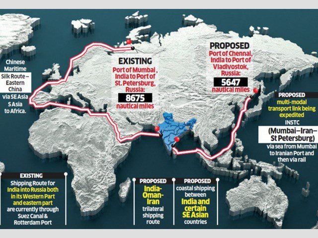 Map showing Eastern Maritime Corridor route vs Suez Canal distance