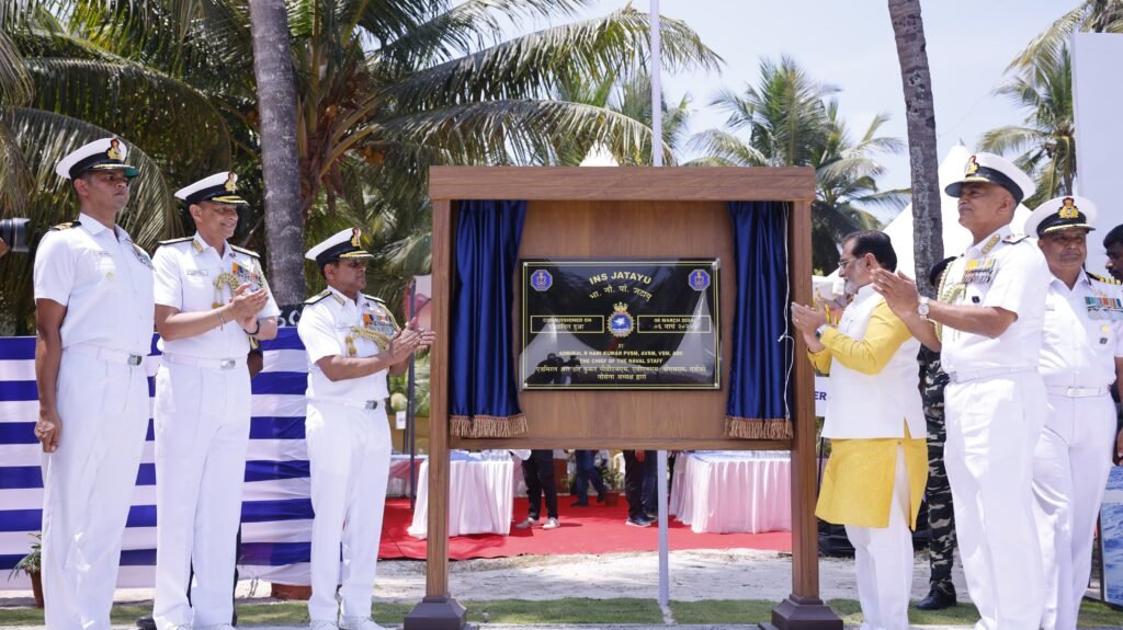 Indian Navy officers commissioning INS Jatayu naval base at Minicoy Island near Maldives